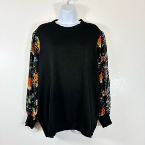 89th + Madison 2X Black Sweater Floral Sheer Sleeve Plus Size